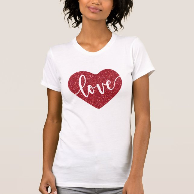 Red Glitter Heart Kärlek | Valentines T-Shirt (Framsida)