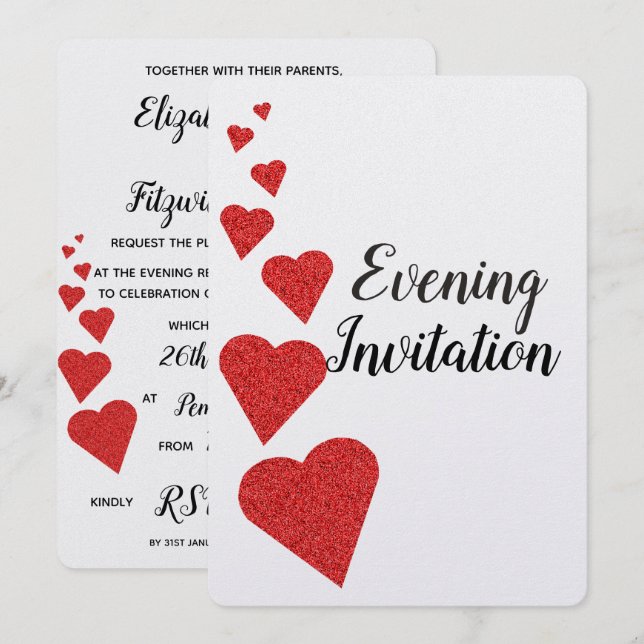Red Glitter Hearts kvällsinbjudan Inbjudningar (Fram/baksida)