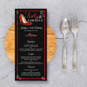 Red Glitter Heels 40 & Fabulous Birthday Menu Reklamkort