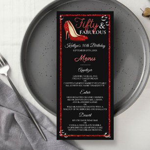 Red Glitter Heels 50 & Fabulous Birthday Menu Reklamkort