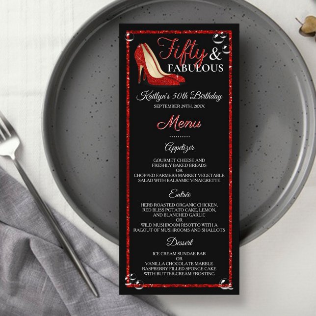 Red Glitter Heels | 50 & Fabulous Birthday Menu Reklamkort (Skapare uppladdad)