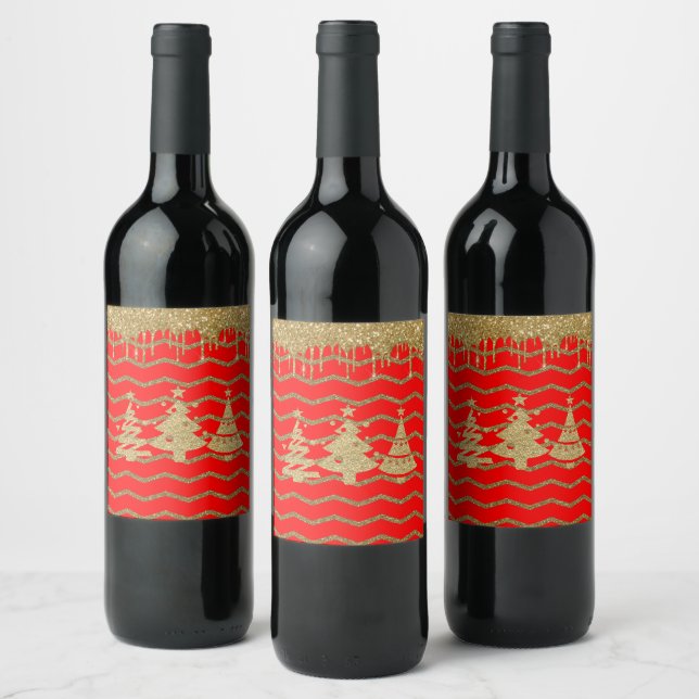Red glitter julgran vinflaska etikett (Flaskor)
