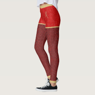 Red Glitter Kort, Red Black Mönster, Monogram Leggings