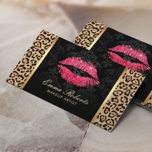 Red Glitter Läppar Leopard Damask Makeup Artist Visitkort (Skapare uppladdad)