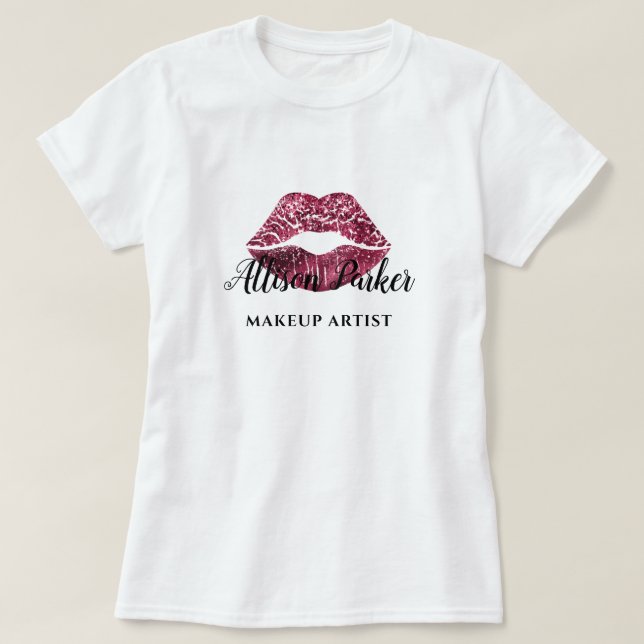 Red Glitter Logotyp Kiss MAKEUP ARTIST Namn T Shirt (Design framsida)