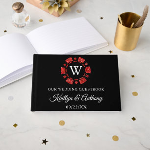 Red Glitter Monogram Poker Chip Casino Bröllop Gästböcker