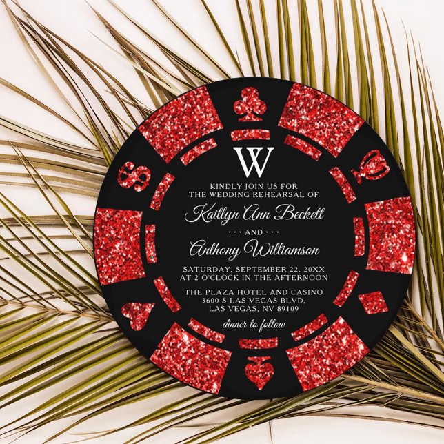 Red Glitter Monogram Poker Chip Casino Bröllop Inbjudningar (Skapare uppladdad)