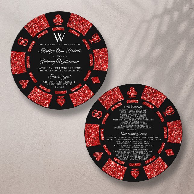 Red Glitter Monogram Poker Chip Casino Bröllop Program (Skapare uppladdad)