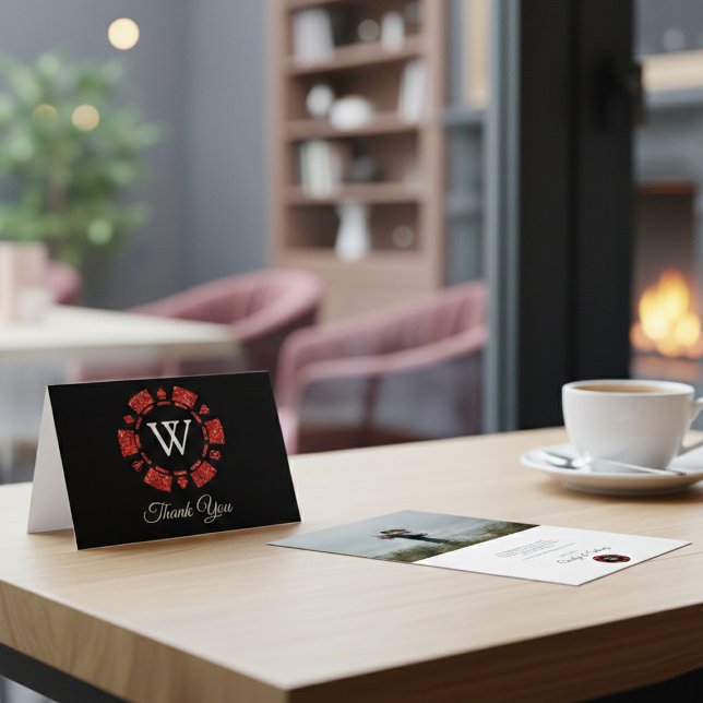 Red Glitter Monogram Poker Chip Casino Bröllop Tack Kort (Skapare uppladdad)