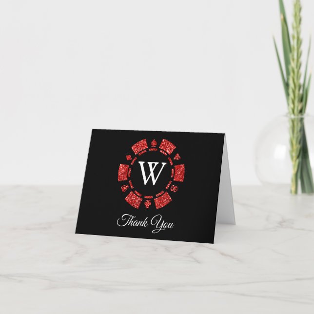 Red Glitter Monogram Poker Chip Casino Bröllop Tack Kort (Framsida)