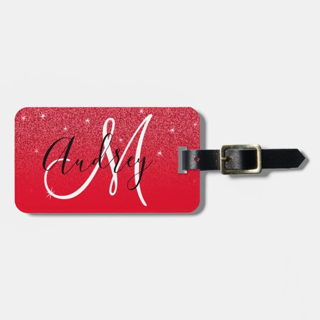 Red Glitter Ombre Personlig Monogram Bagagebricka (Horisontell Framsida)