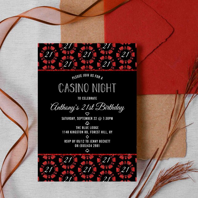Red Glitter Poker Chip Casino Night Party Inbjudningar (Skapare uppladdad)
