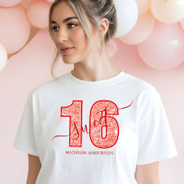 Red Glitter Script Sweet 16 Birthday T Shirt