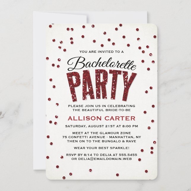 Red Glitter Se Confetti Bachelorette Party Inbjudningar (Framsida)