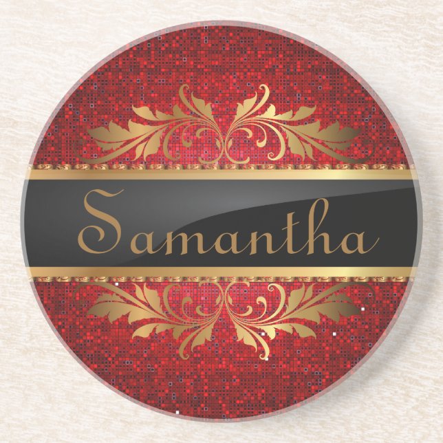 Red Glitter Sequin Disco Glitz Mönster Underlägg (Framsidan)