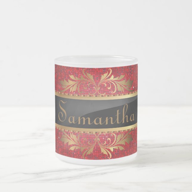 Red Glitter Sequin Frosted Glass Coffee Mugg Kopp (Center)