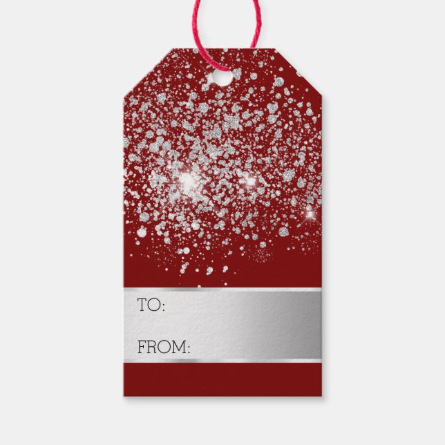 Red Glitter Silver Confetti jul Presentetikett (Framsidan)