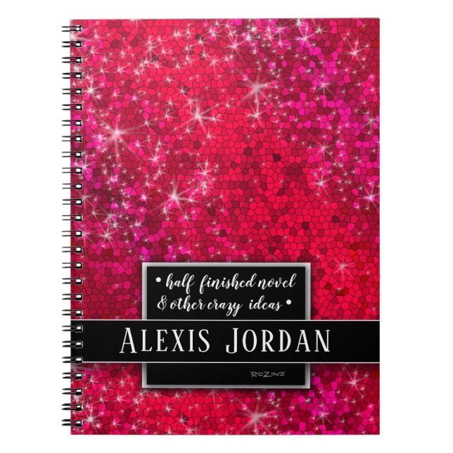 Red Glitter Sparkles Black White Monogram Glam Anteckningsbok (Framsidan)