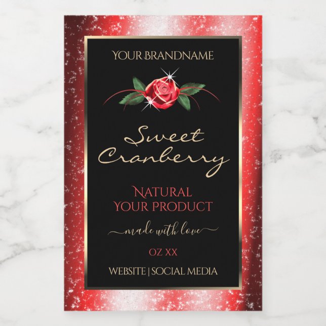 Red Glitter Stars Black Product Labels Ro Flower Mat Etikett (Singel etikett)