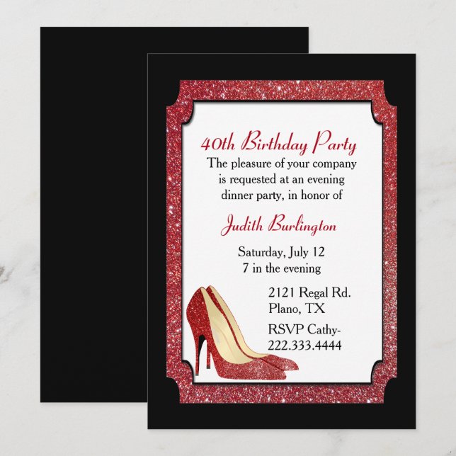 Red Glitter Stilettos födelsedagsinbjudan Inbjudningar (Fram/baksida)