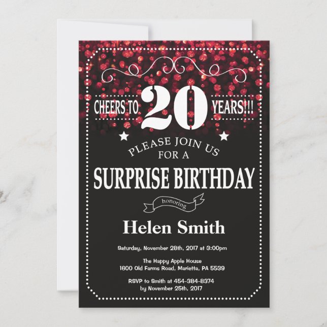 Red Glitter Surprise 20:e födelsedagsinbjudan Inbjudningar (Framsida)