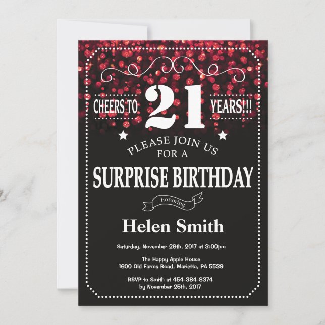 Red Glitter Surprise 21:a födelsedagsinbjudan Inbjudningar (Framsida)