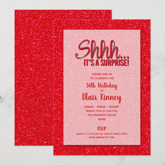 Red Glitter SURPRISE Birthday Inbjudningar (Fram/baksida)