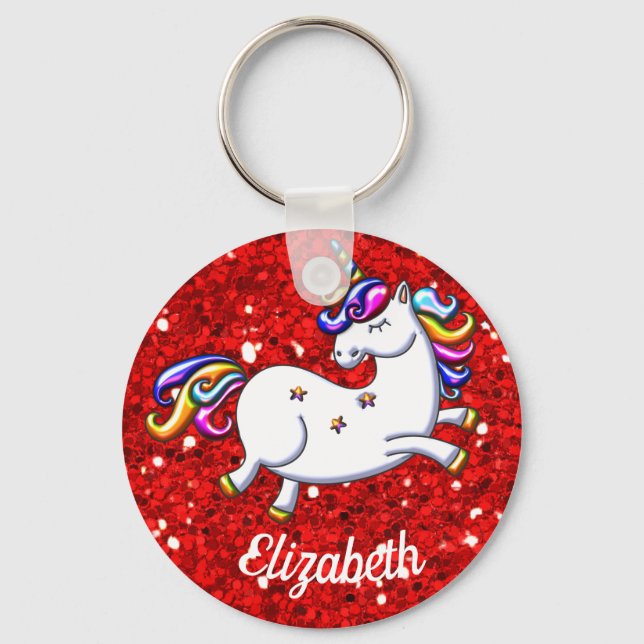 Red Glitter Unicorn Nyckelring (Framsida)