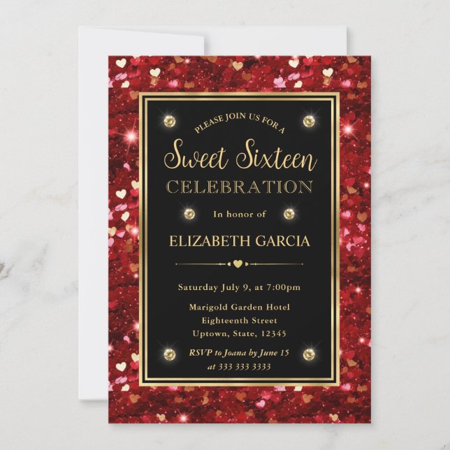 Red Glitter Valentine Hearts Sweet sixteen Inbjudningar (Framsida)