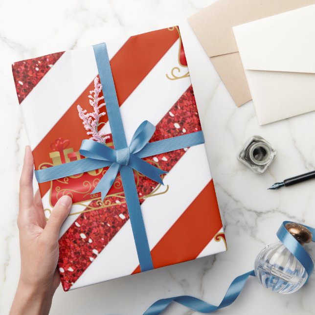 Red Glitter White Striped Christmas Sleigh Presentpapper (Gifting)