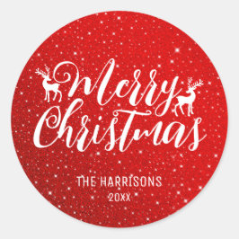 Red Glitter White Typography Reindeer jul Runt Klistermärke