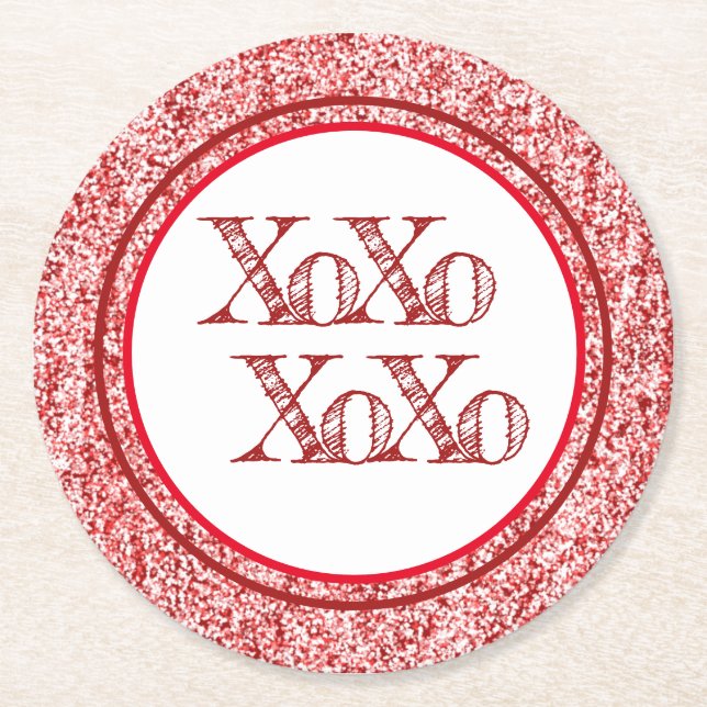 Red Glitter XOXO Underlägg Papper Rund (Framsidan)