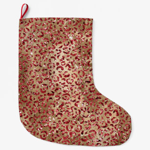 Red Glitz Guld Glam Leopard Skriv ut Stor Julstrumpa