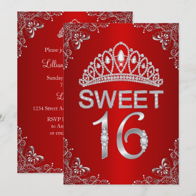 Red Gnistra Diamond Tiara Sweet 16-inbjudan Inbjudningar (Fram/baksida)