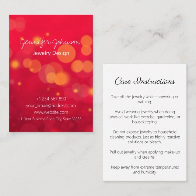 Red Gnistra Jewelry Care Cards Affärskort Visitkort (Fram/baksida)