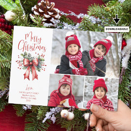 Red God jul 3 Photos Script Holly Bow Julkort