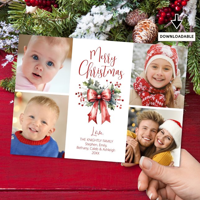 Red God jul 4 Photo Script Bow Holly Julkort (Skapare uppladdad)