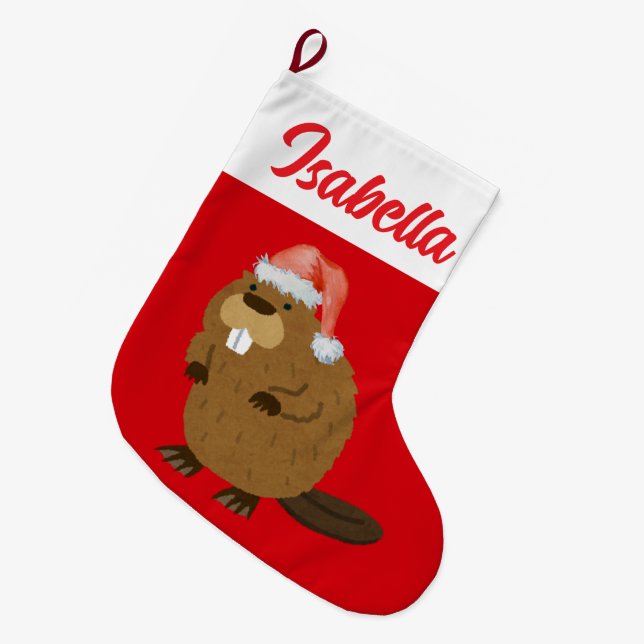 Red God jul Beaver Santa hat Julafton Stor Julstrumpa (Framsidan (Hängande))