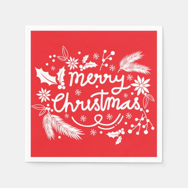 Red God jul Festive Helgdag White Blommigt Pappersservett (Framsidan)