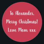 Red God jul från Mamma-presentdekal för märkre Runt Klistermärke<br><div class="desc">Röd julklämma med märkrn God jul Kärlek Mamma xxx i vit typografi/ skript. Byt helt enkelt ut namn Alexander till din kära i textrutan för personlig anpassning. Vill du göra fler ändringar? Hela texten kan vara personlig. Eller om du vill ändra färg klickar du bara på designen verktyg och markerar...</div>