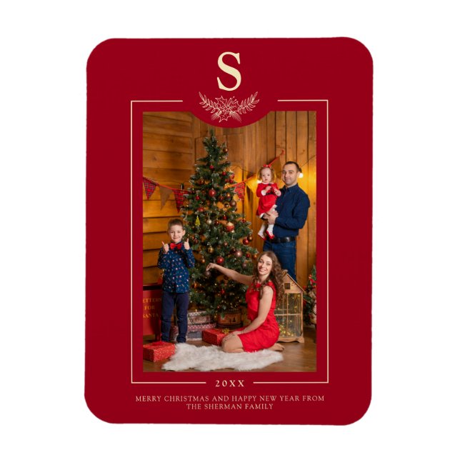 Red God jul Monogrammed Photo Family Magnet (Vertikal)