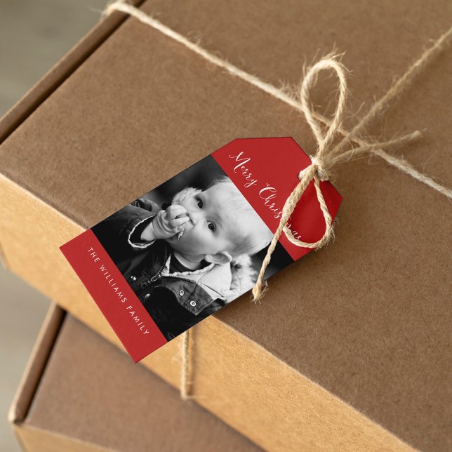 Red "God jul" Photo Helgdag Presentetikett (Skapare uppladdad)