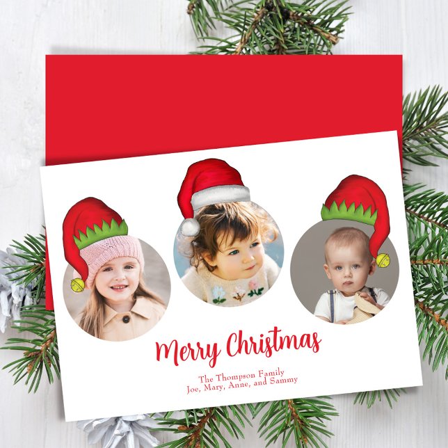 Red God jul Photo Santa Hats Julkort (Merry Christmas holiday photo collage template. )