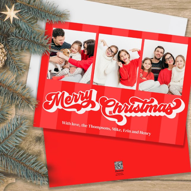 Red God jul Retro Photo Collage Julkort (Merry Christmas retro style typography photo cards.)