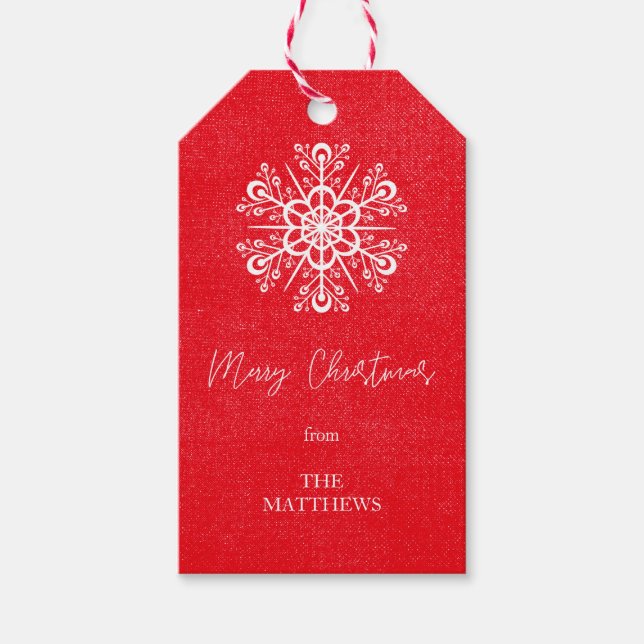 Red God jul Snowflake Modern Namn Presentetikett (Framsidan)