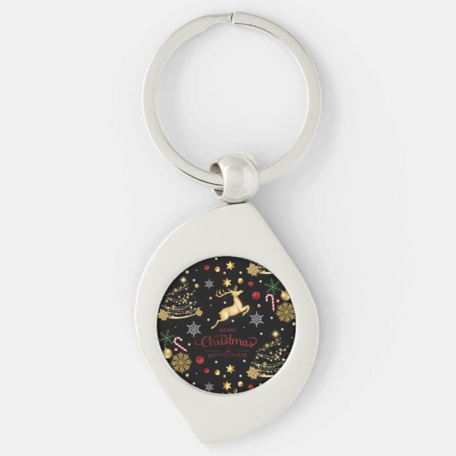 Red God jul Träd Swirl Silverfärgad Nyckelring (Framsidan)