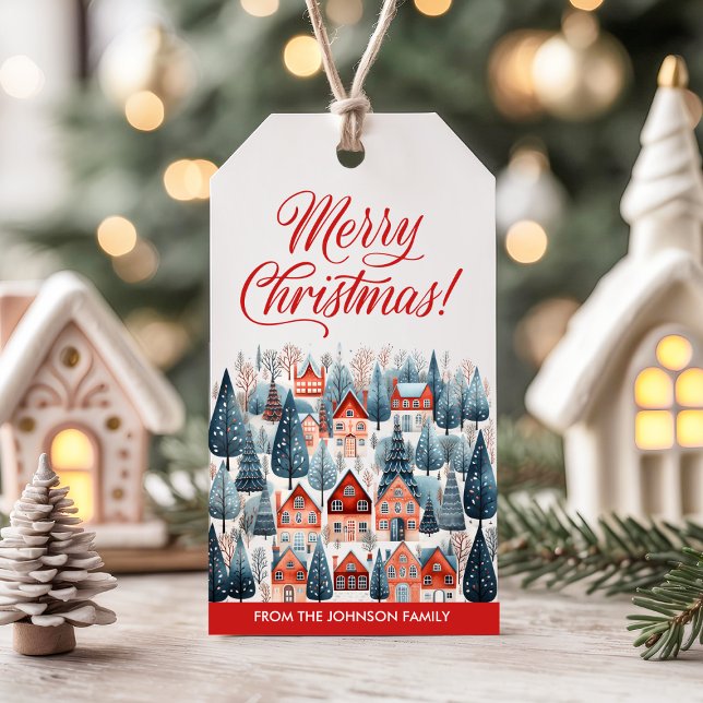 Red God jul Winter Village Helgdag Presentetikett (Skapare uppladdad)