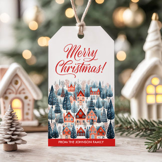 Red God jul Winter Village Helgdag Presentetikett