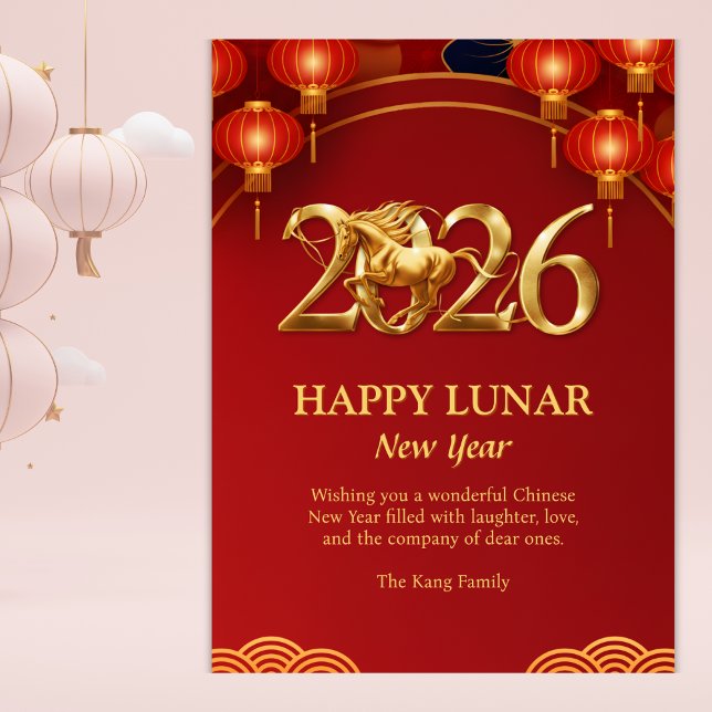 Red Gold 2026 Horse Chinese Lunar New Year Julkort (2026 Lunar New Year – Year of the Horse, Red & Gold Lanterns, Personalized)