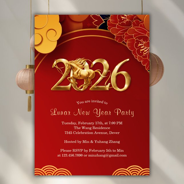 Red Gold 2026 Horse Chinese Lunar New Year Party Inbjudningar (Red Gold 2026 Horse Chinese Lunar New Year Party Invitation)